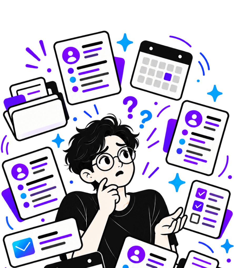 An overwhelmed job seeker surrounded by resumes, calendars and checklists